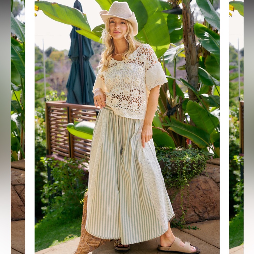724. Floral eyelet striped wide leg pant in green